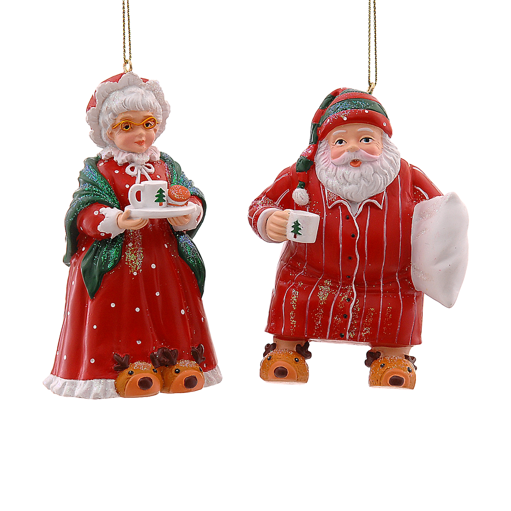 Viv! Christmas Kerstornament - Mr. & Mrs. Claus in Pyjama - set van 2 - rood - 10cm