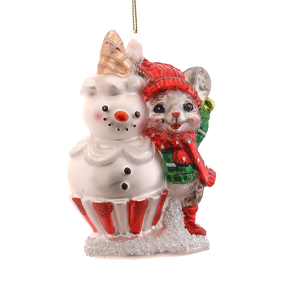 Viv! Christmas Kerstornament - Muis met Sneeuwpop - glas - rood wit - 12cm