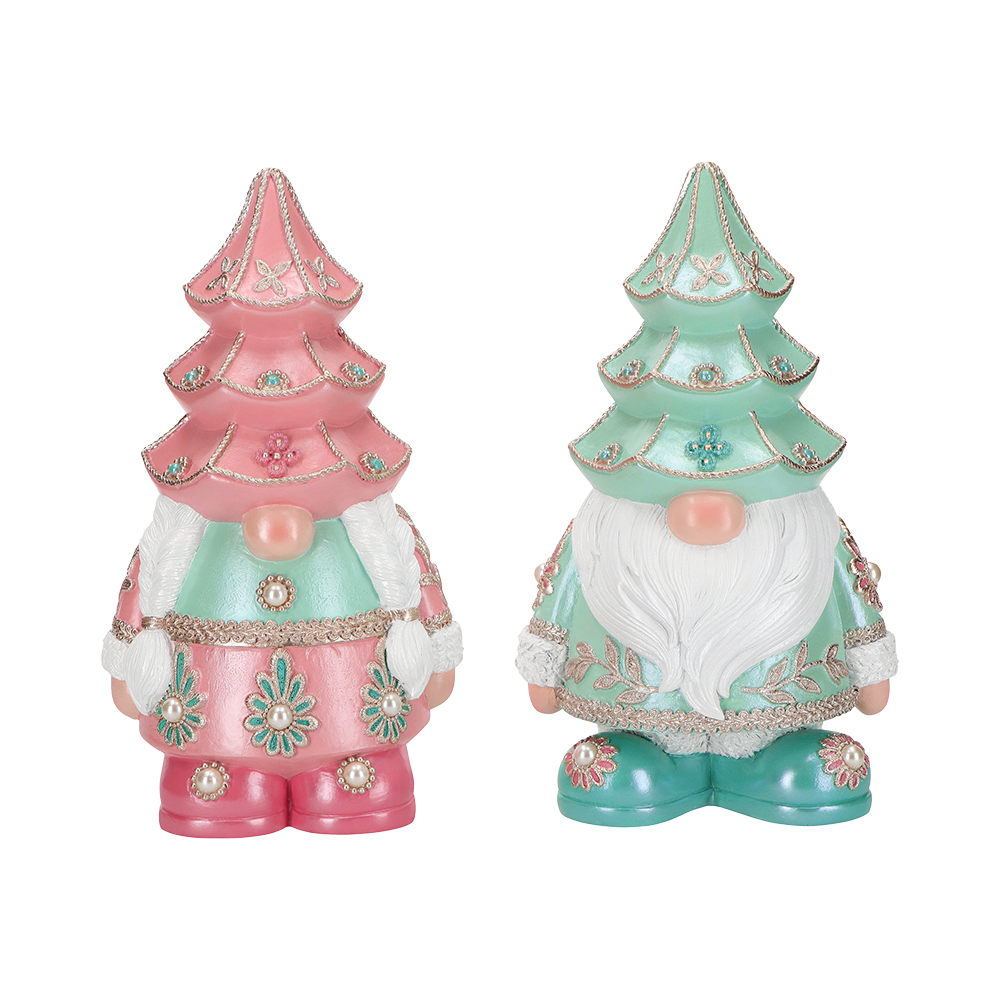 Viv! Christmas Kerstbeeld - Luxe Gnooms met Kerstboomhoed - set van 2 - pastel - 26cm