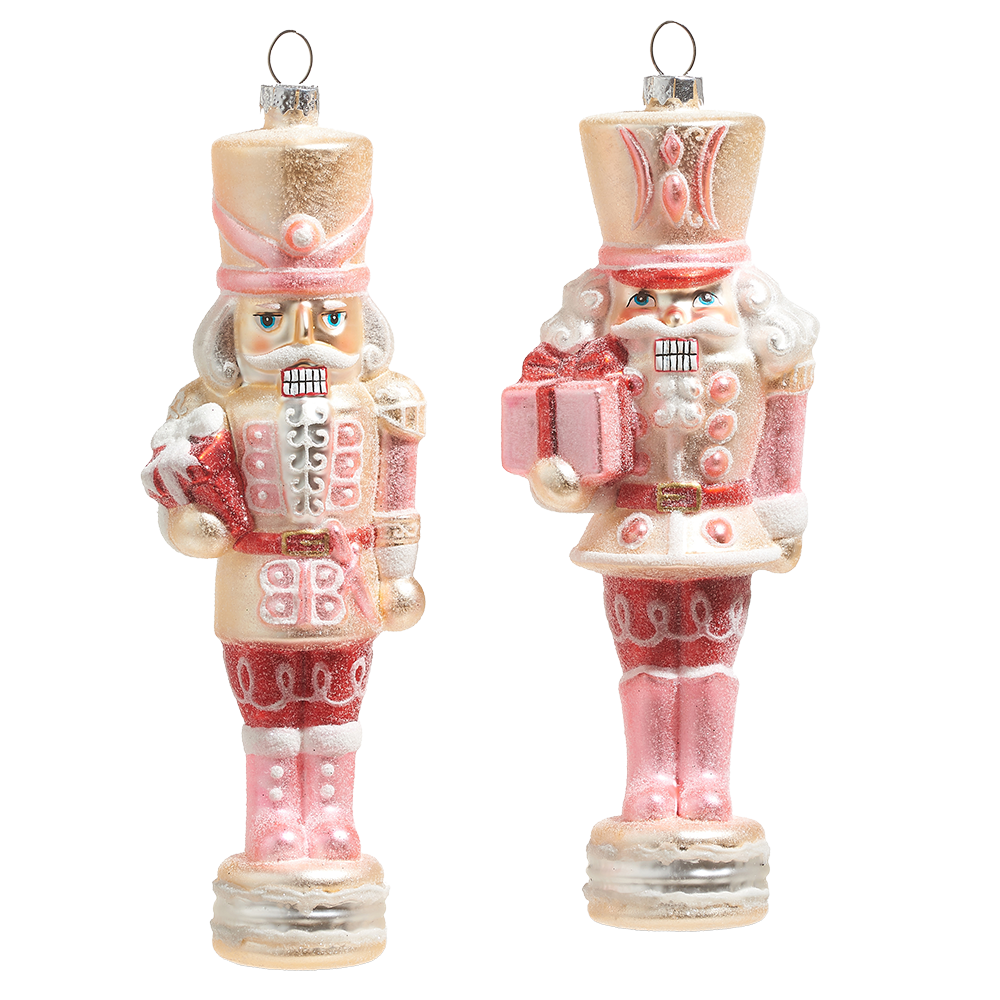 Viv! Christmas Kerstornament - Notenkraker met Cadeaus - set van 2 - glas - roze - 20cm