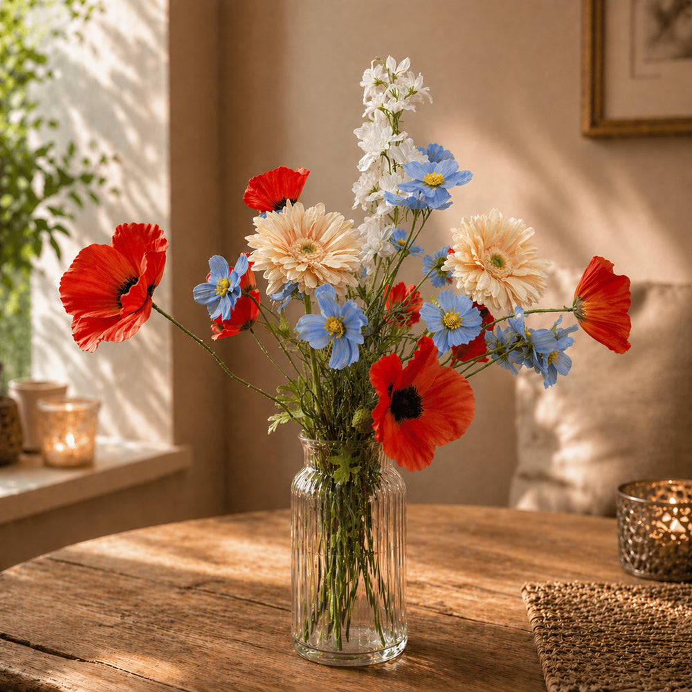 Viv! Home Luxuries Kunstbloem Boeket Liva - zijden bloemen - Klaprozen Cosmos Gerbera - rood blauw zalm wit