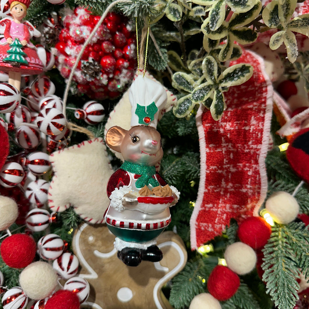 Viv! Christmas Kerstornament - Muis met Taart - glas - rood groen - 14cm