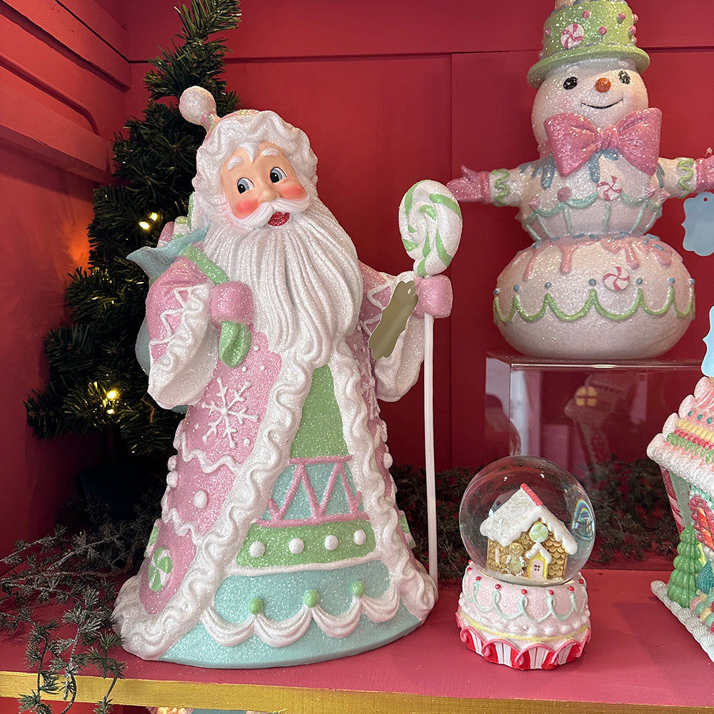 Viv! Christmas Kerstbeeld - Sneeuwpop met Vlinderdas en Snoep - pastel - roze - 45cm