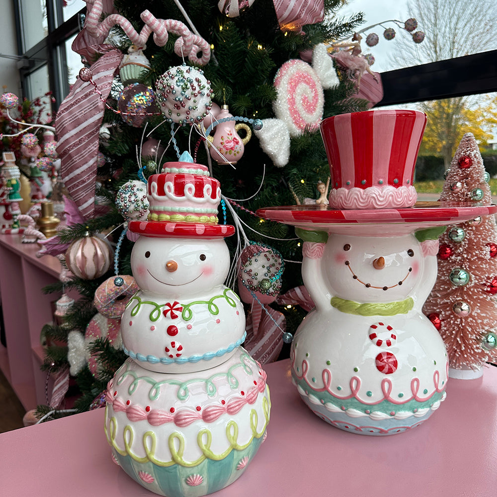 Viv! Christmas Kerstservies - Kerst Koektrommel Sneeuwpop - keramiek - pastel - roze wit - 36cm je