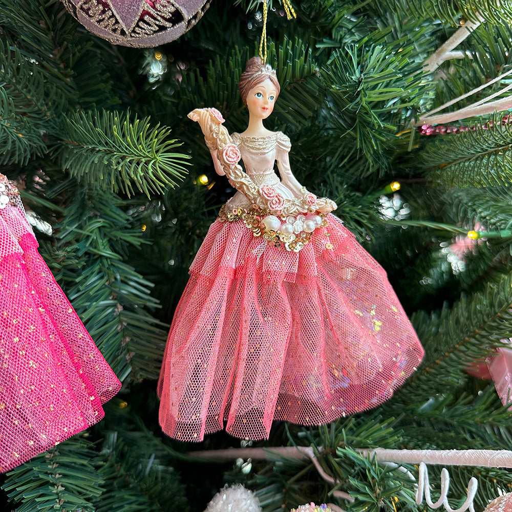 Viv! Christmas Kerstornament - Ballerina's met Bloemen - set van 2 - roze - 16cm