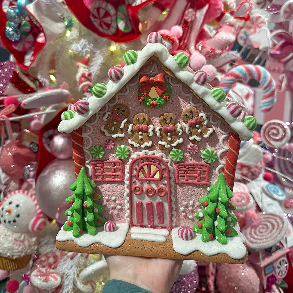 Viv! Christmas Kerstbeeld - Gingerbread Mannetjes Huis van Klei incl. LED Verlichting - pastel roze - 22cm