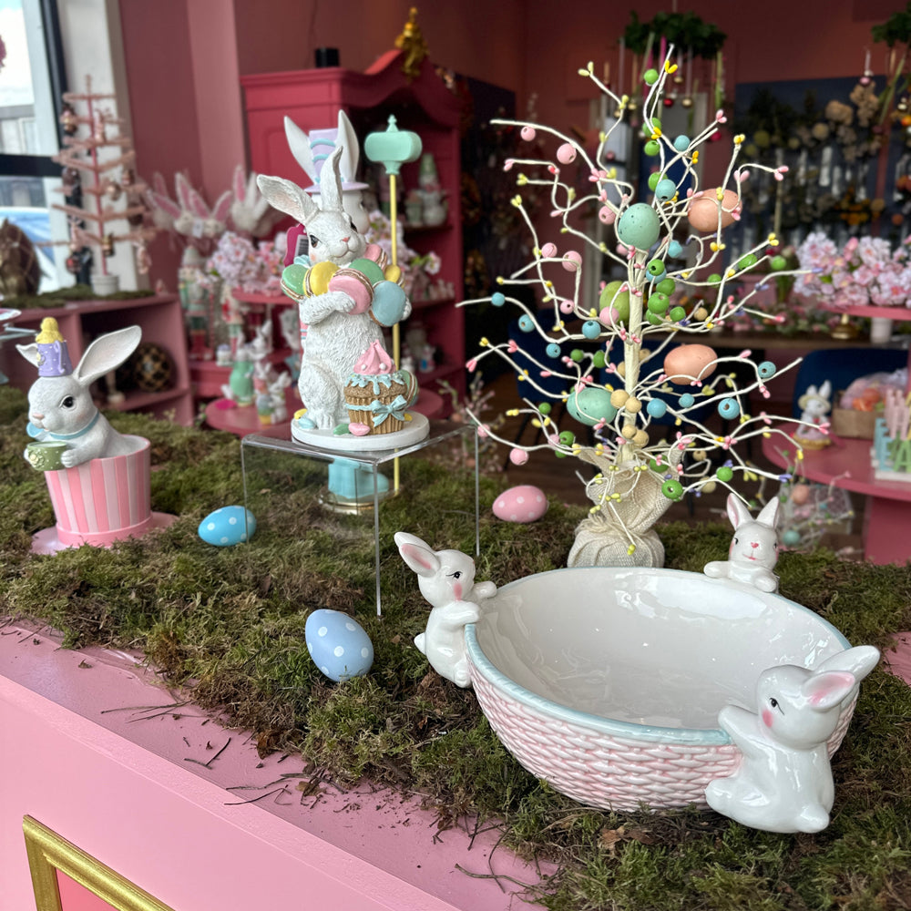 Viv! Christmas Paasservies - Schaal met Drie Konijntjes - keramiek - pasen - roze - 29cm
