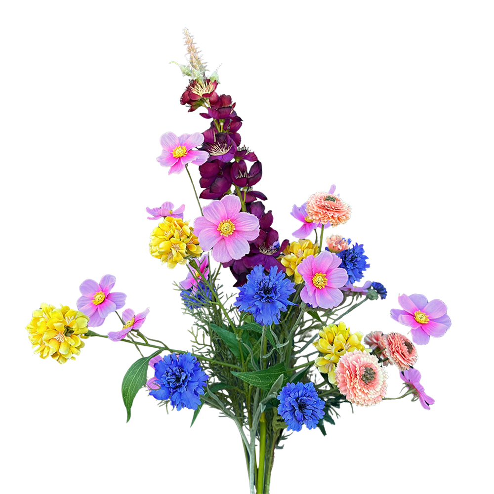Viv! Home Luxuries Kunstbloem Boeket Sofia - zijden bloemen - Korenbloem Cosmos Ridderspoor Chrysant - blauw oranje geel roze paars
