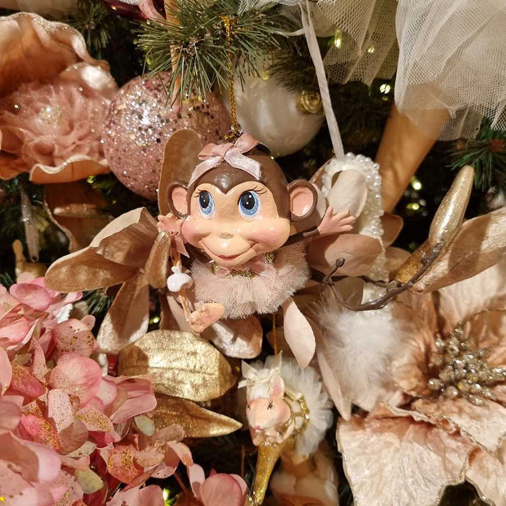 Goodwill M&G Kerstornament - Ballerina aapjes - set van 2 - bruin roze goud - 9cm