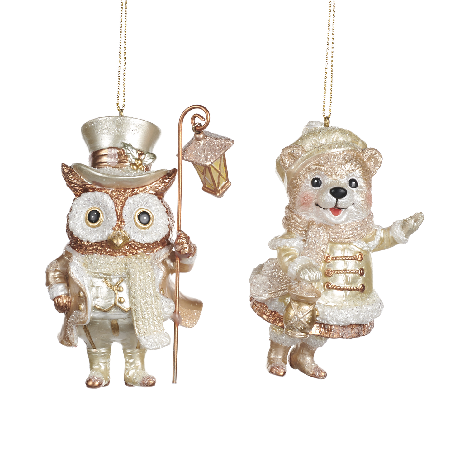 Goodwill M&G Kerstornament - Uil en Beer met lantaarn - set van 2 - crème champagne - 9cm
