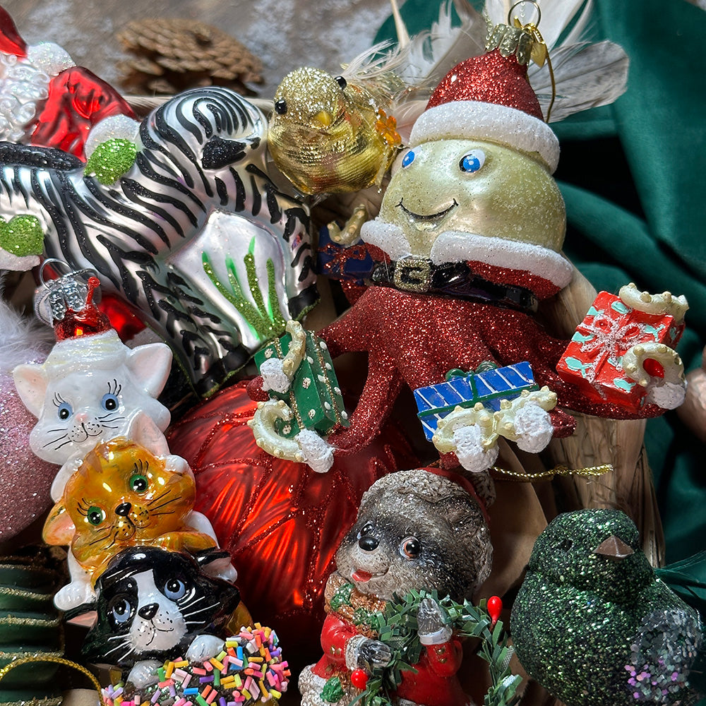 Kurt S. Adler Kerstornament - Octopus met Kerstmuts - glas - rood groen - 12cm