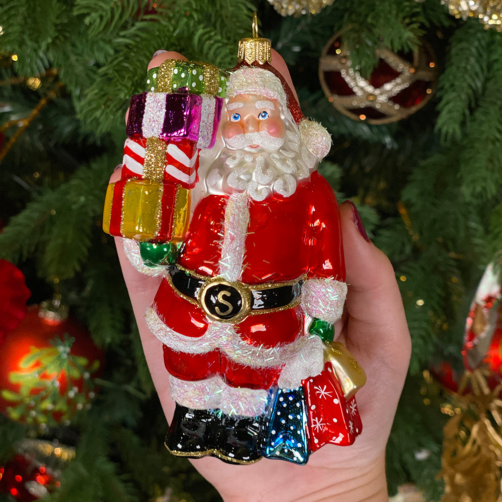 Viv! Christmas Kerstornament - Shopping Kerstman - mond geblazen glas - rood - 13cm