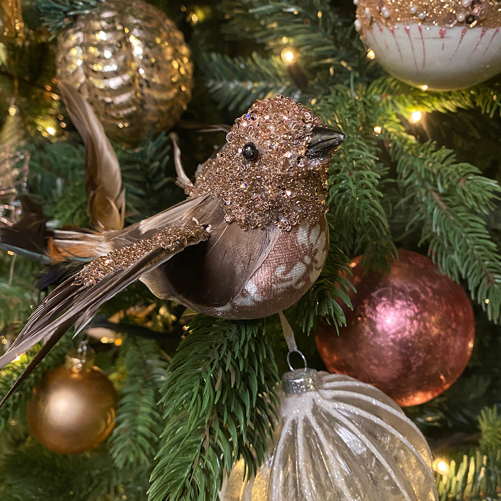 Viv! Home Luxuries Christmas decoration - Bird on clip - brown white - 15cm