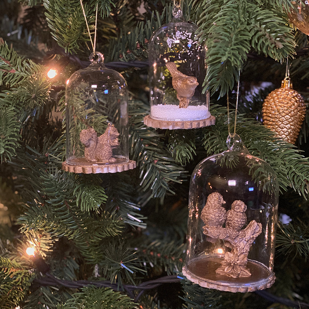 Viv! Christmas Kerstornament - vogel, eekhoorn en uilen in glazen stolp - set van 3 - goud - 6,5x10cm