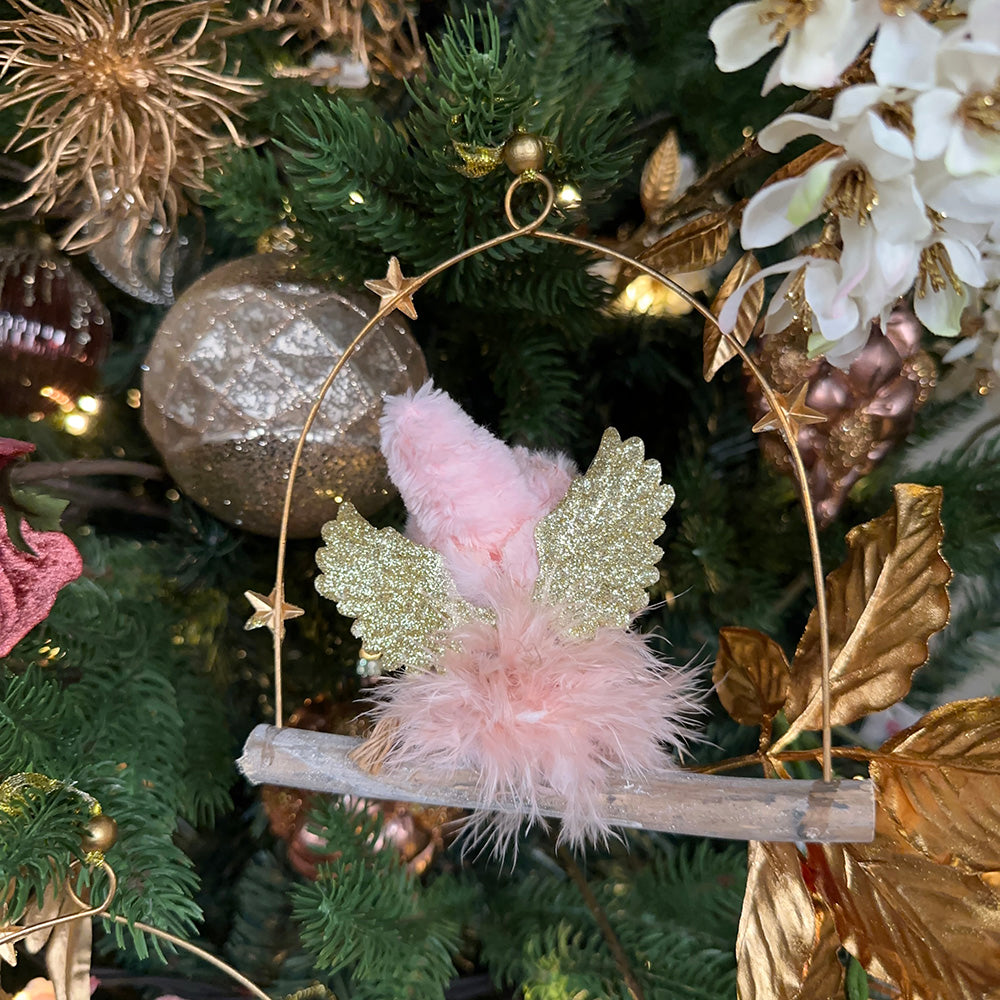 Viv! Christmas Kerstornament - Engeltjes van stof op schommel - 2 stuks - roze goud - 18cm