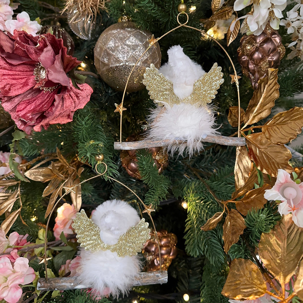 Viv! Christmas Kerstornament - Engeltjes van stof op schommel - 2 stuks - wit goud - 18cm
