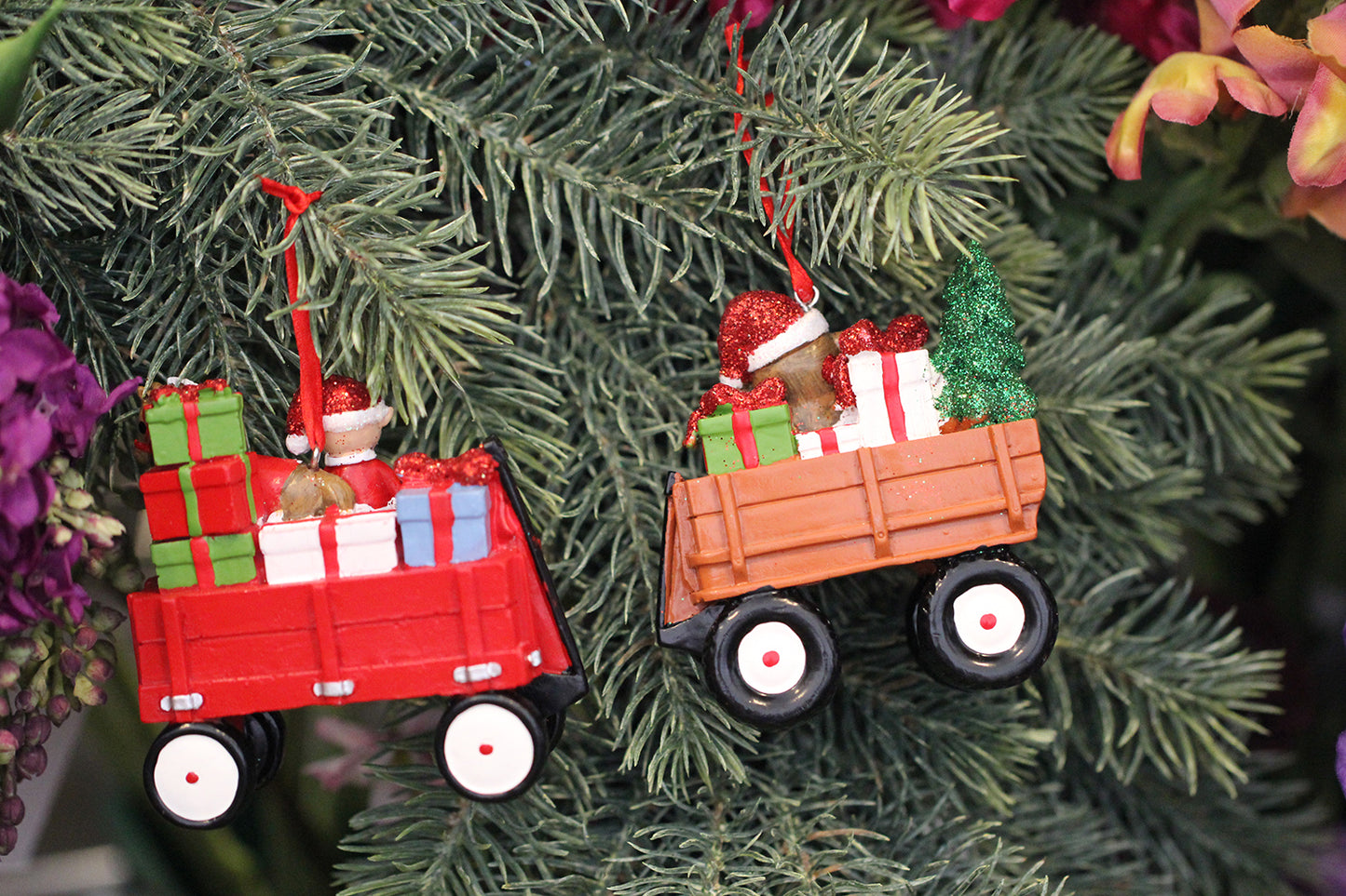 Kurt S. Adler Christmas ornament - Wagon - set of 2 - red and brown - 9cm