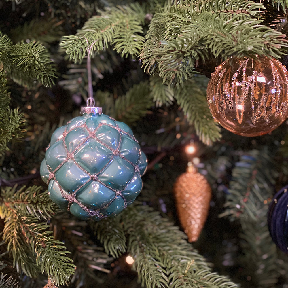 Viv! Christmas Kerstbal - Zilveren kraaltjes - set van 2 - glas - turquoise zilver - 10cm