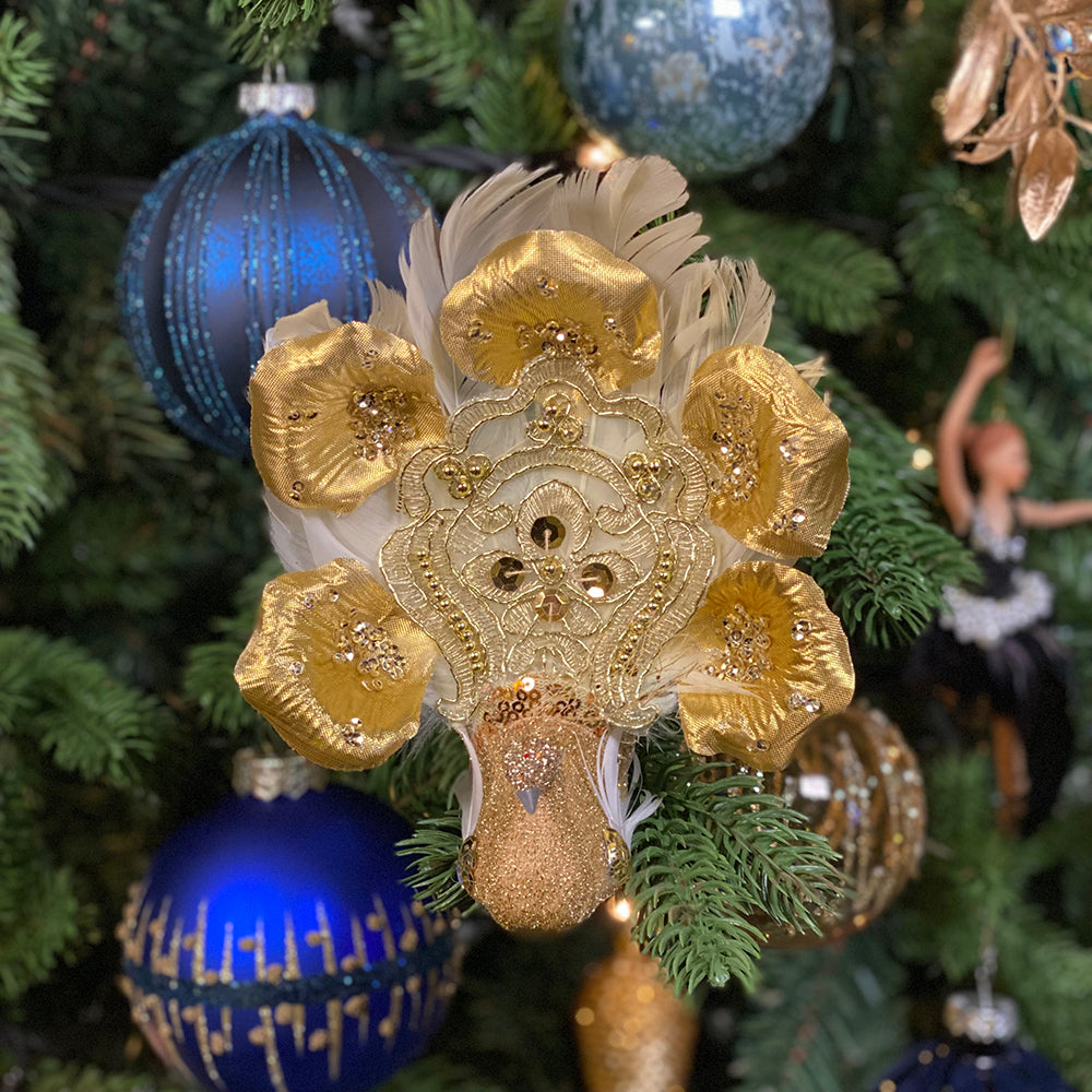 Viv! Christmas Kerstdecoratie vogel - Pauw open staart op clip - goud - 15cm