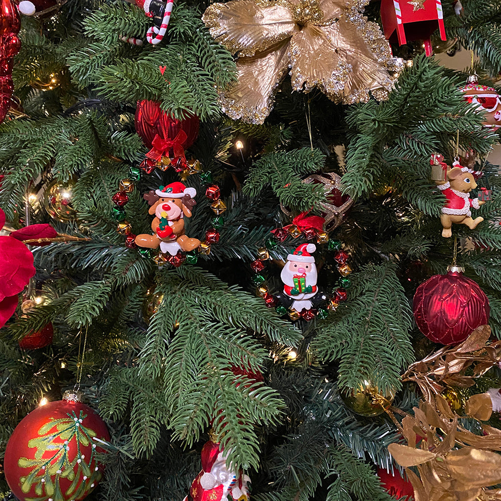 Viv! Home Luxuries Christmas ornament - Ring of bells with Santa Claus / dog - set of 2 - gold red green - 10cm