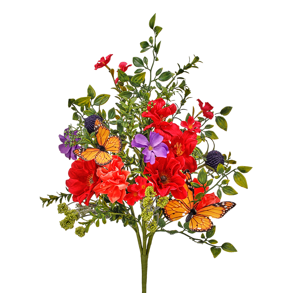 Viv! Home Luxuries Bloemen Boeket op Steker - Zomerbloemen met Vlinders - rood paars oranje groen - 56cm