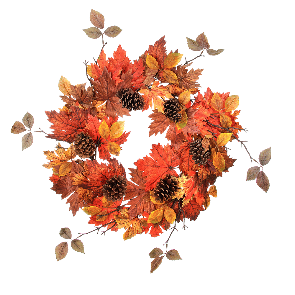 Viv! Home Luxuries Krans - Herfstbladeren met Dennenappels - herfst - oranje geel bruin - Ø66cm