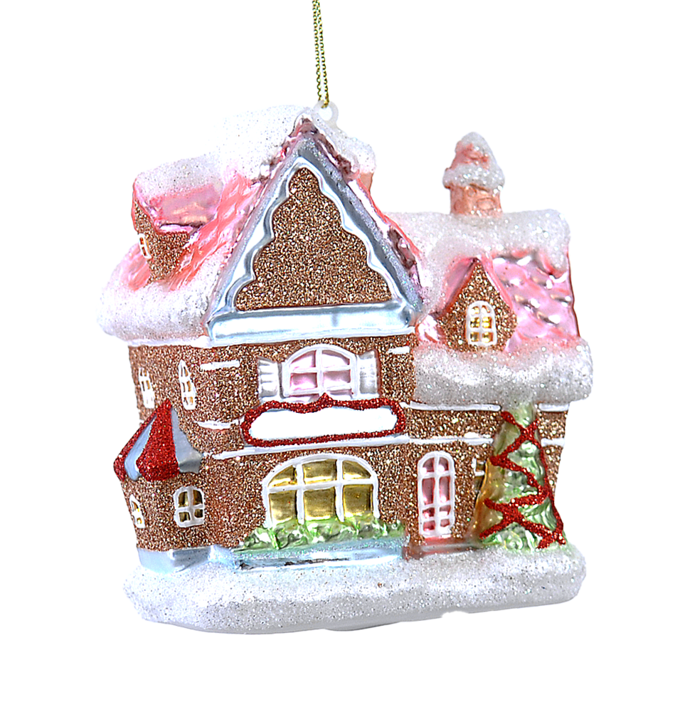 Viv! Christmas Kerstornament - Gingerbread Huis - glas - pastel roze - 11cm