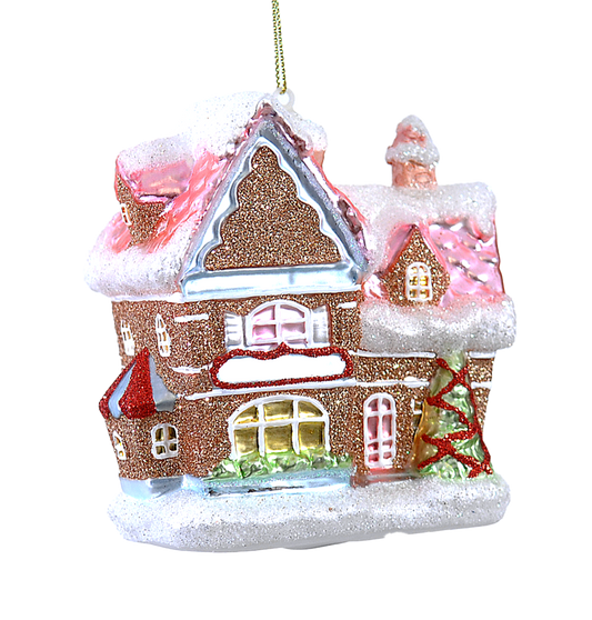 Viv! Christmas Kerstornament - Gingerbread Huis - glas - pastel roze - 11cm