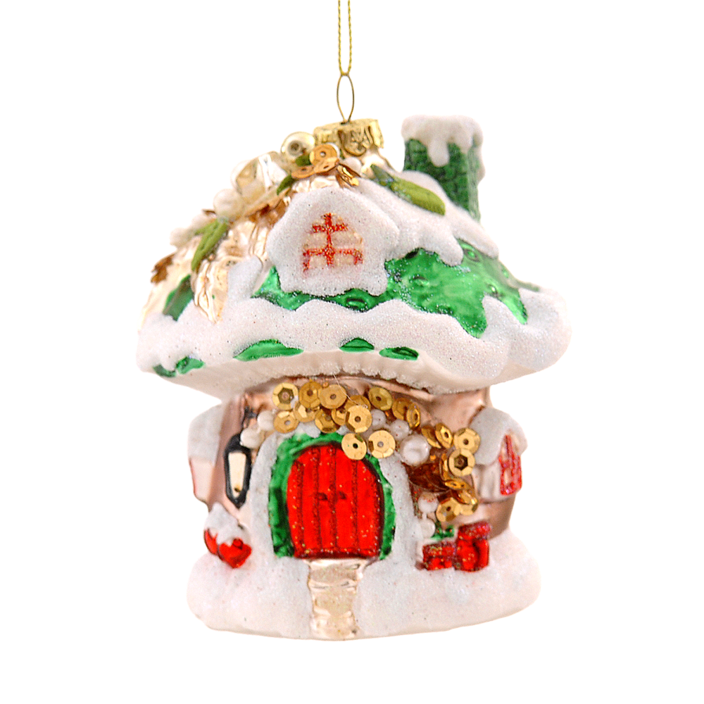 Viv! Christmas Kerstornament - Paddenstoel Huis - glas - rood groen wit - 10cm
