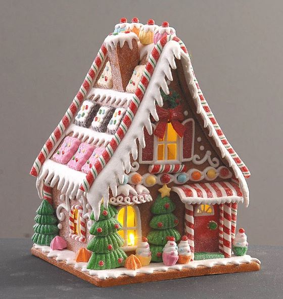 Viv! Christmas Kerstbeeld - Gingerbread Huis vol Snoepgoed en Koekjes incl. LED Verlichting - rood roze bruin - 19cm