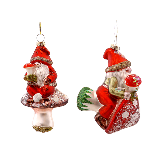 Viv! Christmas Kerstornament - Gnoom op Paddenstoel - set van 2 - glas - rood - 14cm