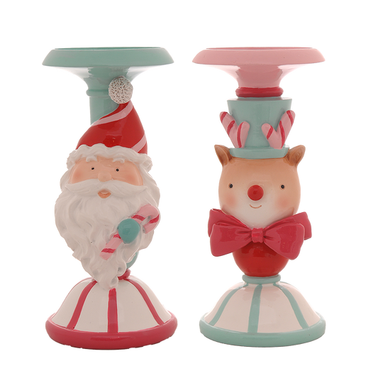 Viv! Christmas Kerst Tafeldecoratie - Kandelaar Kerstman en Rendier - set van 2 - roze rood blauw - 22cm