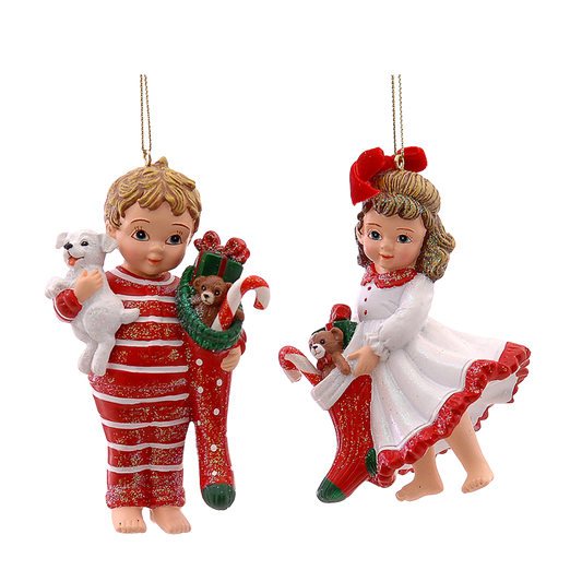 Viv! Christmas Kerstornament - Kinderen in Pyjama met Cadeautjes - set van 2 - rood - 10cm