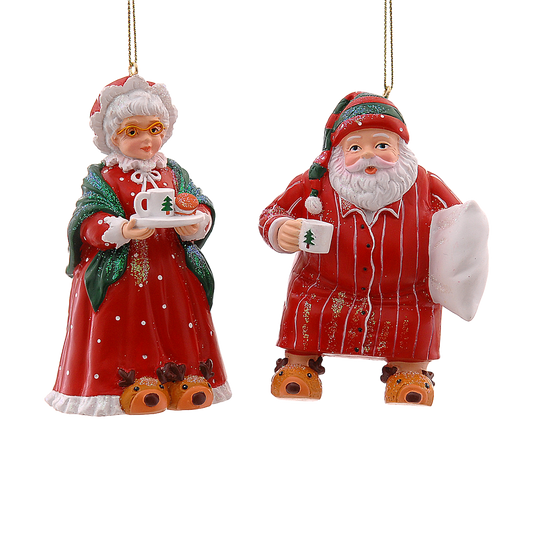 Viv! Christmas Kerstornament - Mr. & Mrs. Claus in Pyjama - set van 2 - rood - 10cm