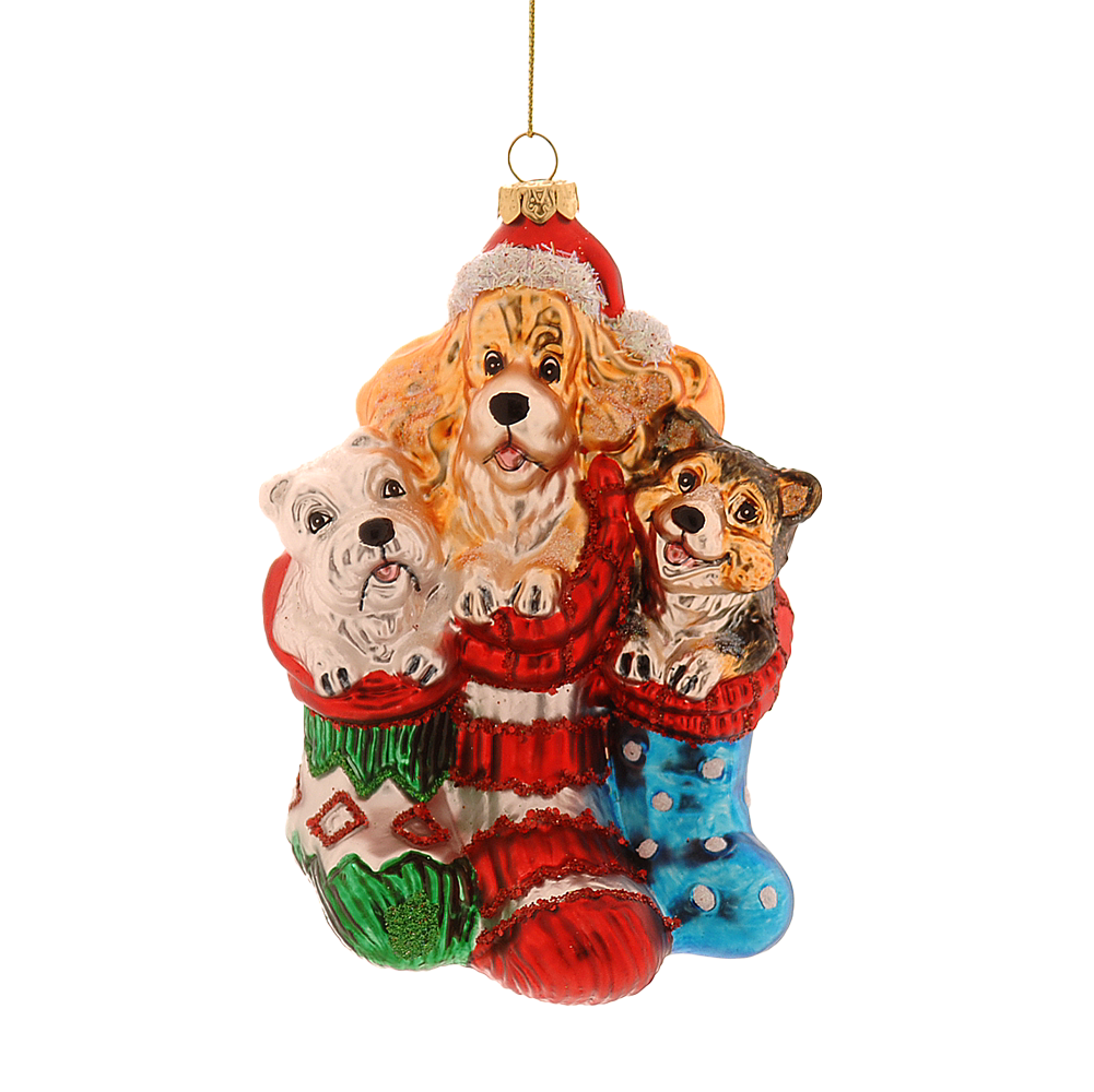 Viv! Christmas Kerstornament - Honden in Kerstsokken - glas - rood - 13cm