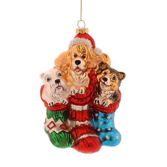 Viv! Christmas Kerstornament - Honden in Kerstsokken - glas - rood - 13cm