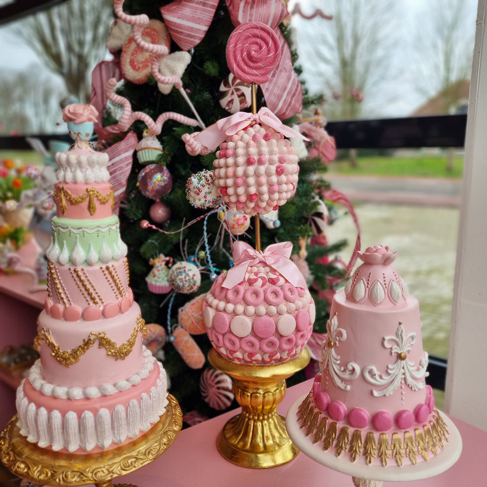 Viv! Christmas Kerstbeeld - Versierde Macaron Taart 7-laags - roze goud groen - 59cm