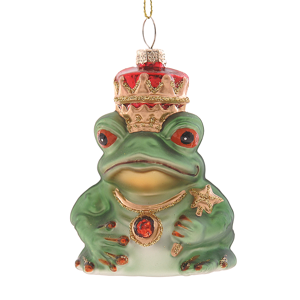 Viv! Christmas Kerstornament - Kikker met Kroon - glas - groen rood - 10cm