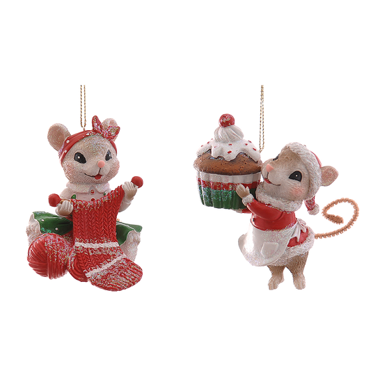 Viv! Christmas Kerstornament - Breiende & Bakkende Muis - set van 2 - rood - 9cm