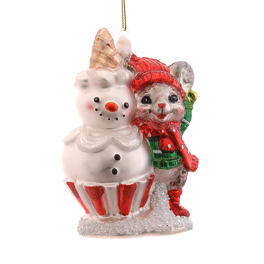 Viv! Christmas Kerstornament - Muis met Sneeuwpop - glas - rood wit - 12cm
