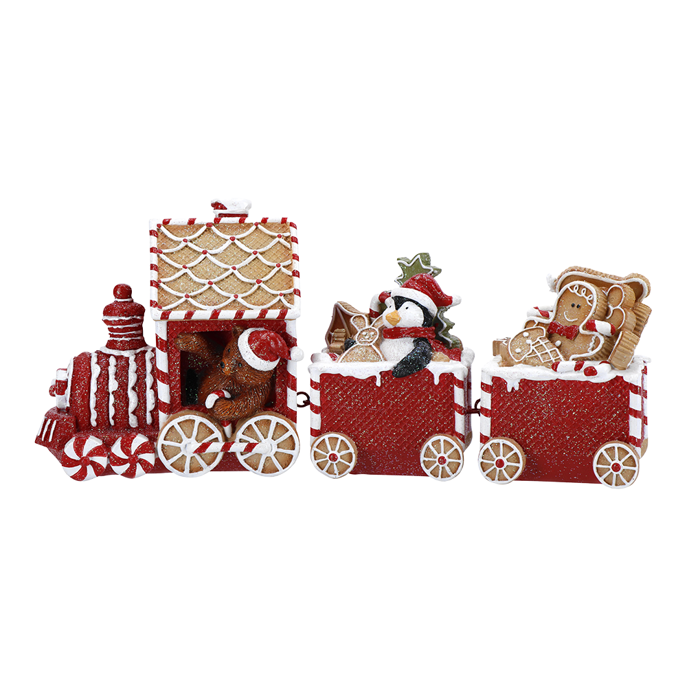 Viv! Christmas Kerstbeeld - Gingerbread Trein met Pinguïn - rood wit - 33x15cm