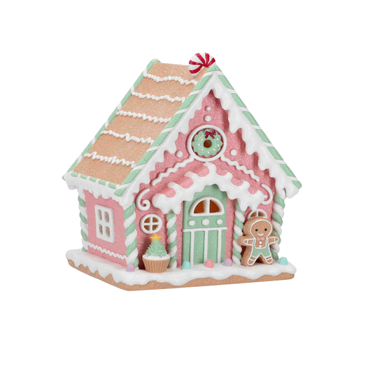 Viv! Christmas Kerstbeeld - Gingerbread Huis incl. LED Verlichting - pastel roze - 25cm