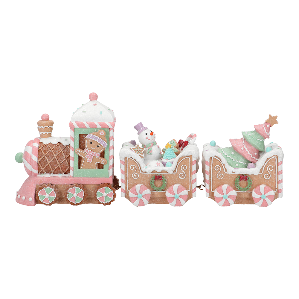 Viv! Christmas Kerstbeeld - Gingerbread Trein met Sneeuwpop - pastel roze - 45x19cm