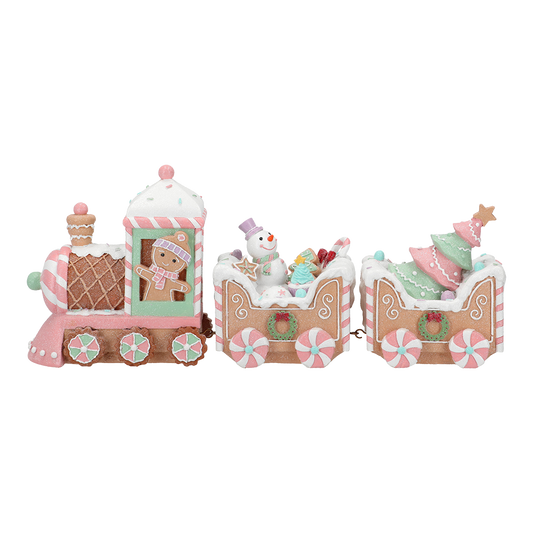 Viv! Christmas Kerstbeeld - Gingerbread Trein met Sneeuwpop - pastel roze - 45x19cm