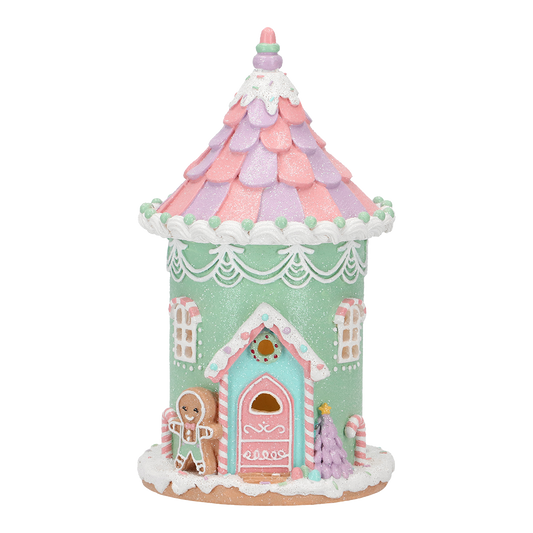 Viv! Christmas Kerstbeeld - Gingerbread Huisje met Snoep incl. LED Verlichting - pastel - roze groen - 21cm