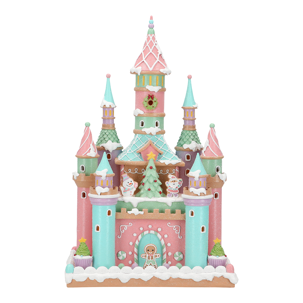 Viv! Christmas Kerstbeeld - Gingerbread Kasteel vol Snoepgoed incl. LED Verlichting - pastel - roze blauw - 42cm