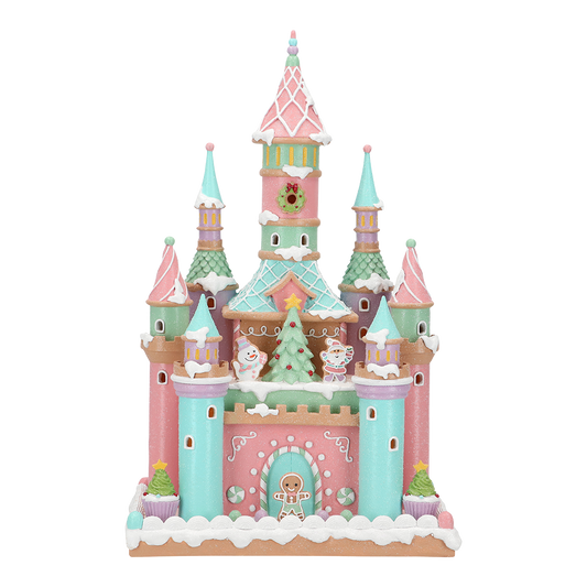 Viv! Christmas Kerstbeeld - Gingerbread Kasteel vol Snoepgoed incl. LED Verlichting - pastel - roze blauw - 42cm