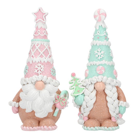Viv! Christmas Kerstbeeld - Gingerbread Gnooms met Snoepgoed - set van 2 - pastel - roze blauw - 20cm