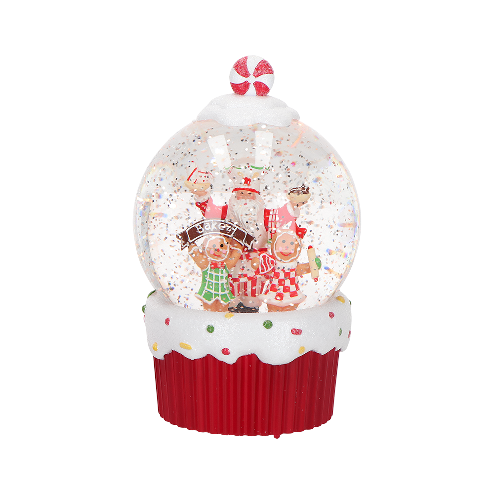 Viv! Christmas Kerst Sneeuwbol incl. LED - Santa's Bakery met Gingerbread Bakkers - automatisch - rood wit - 19cm