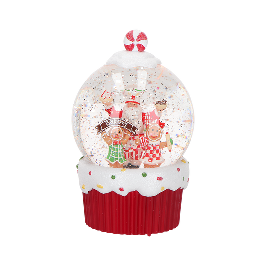 Viv! Christmas Kerst Sneeuwbol incl. LED - Santa's Bakery met Gingerbread Bakkers - automatisch - rood wit - 19cm